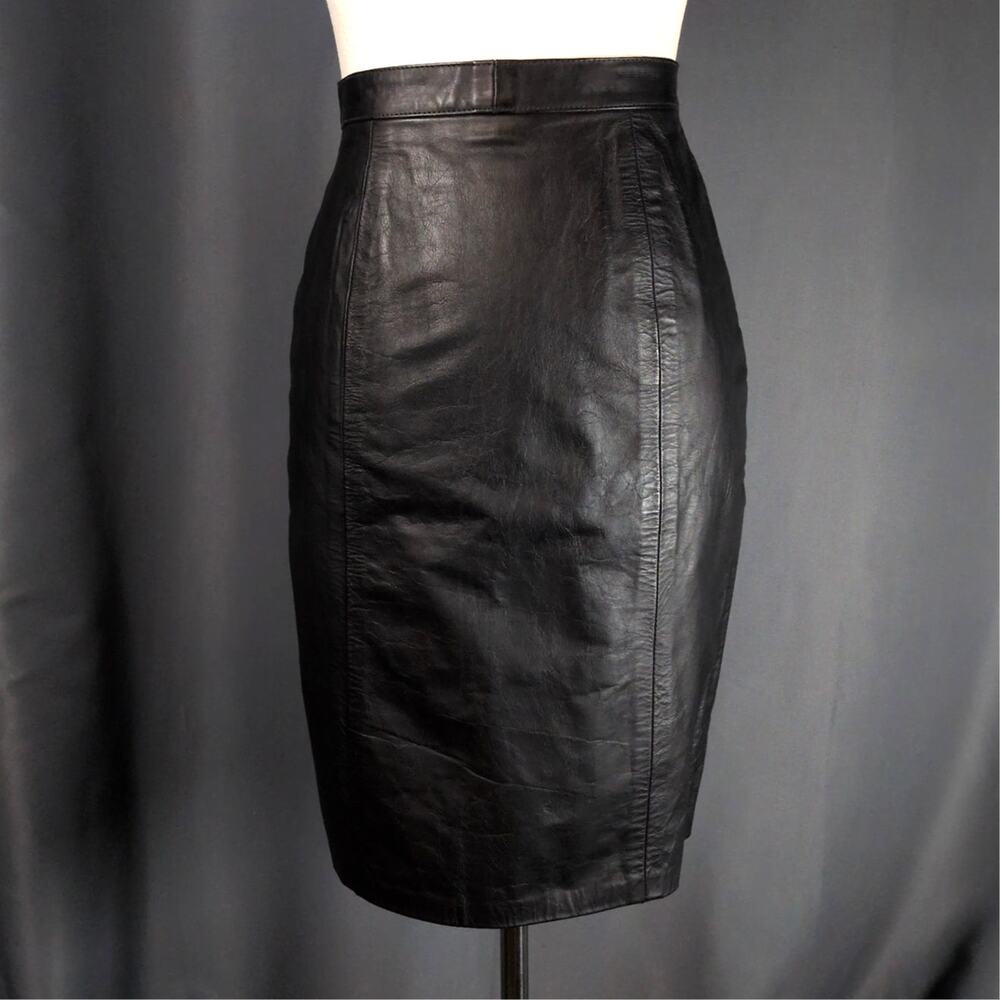 Vintage Black Genuine Leather High Waisted Moto Biker Grunge Skirt by Phoenix SM